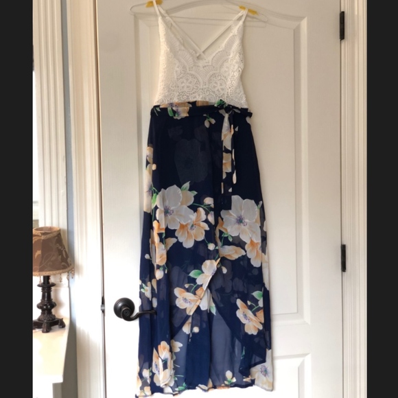 navy floral high low dress